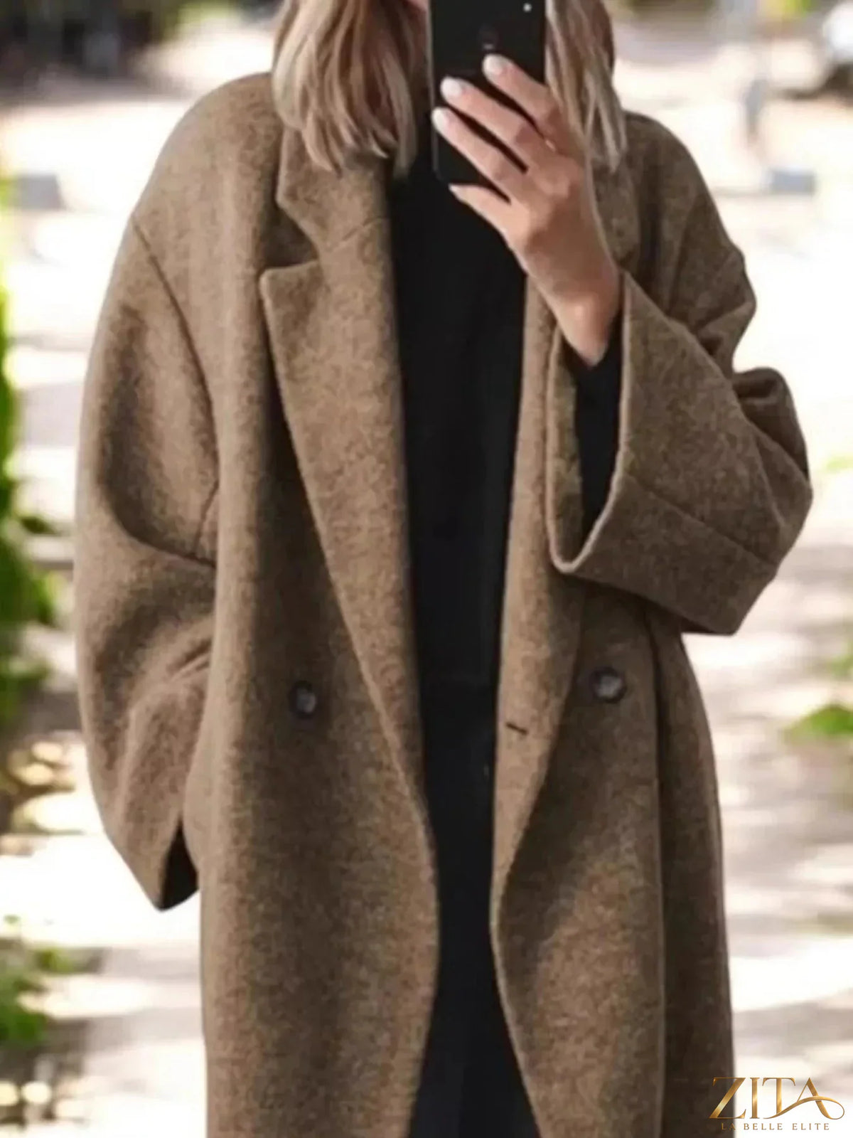 Plus size Zita La Belle Elite wool blend longline coat with lapel collar, featuring a full size design and stylish silhouette.