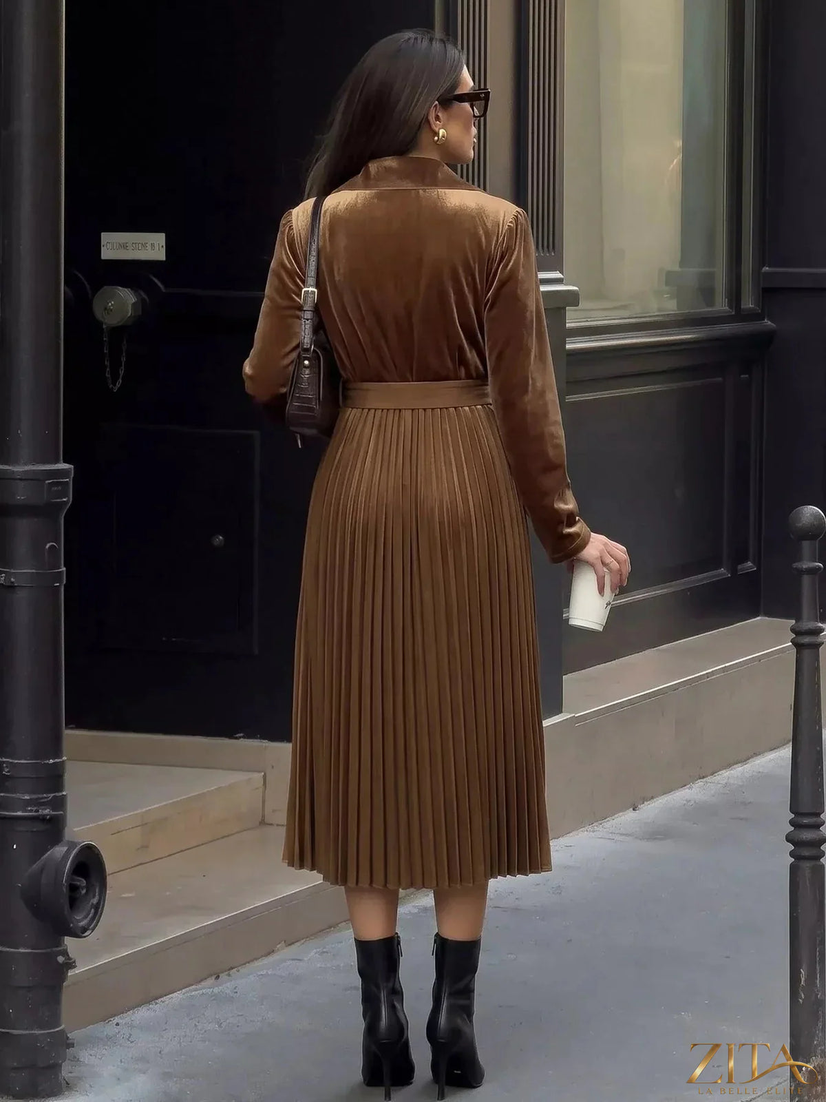 Velvet pleated midi blazer dress by Zita La Belle Elite, featuring a sophisticated design with a tailored fit and elegant pleats.