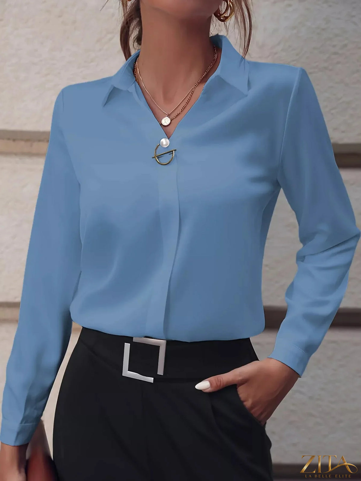 Zita La Belle Elite long sleeve satin blouse in elegant fabric, featuring a smooth, shiny texture and classic fit.