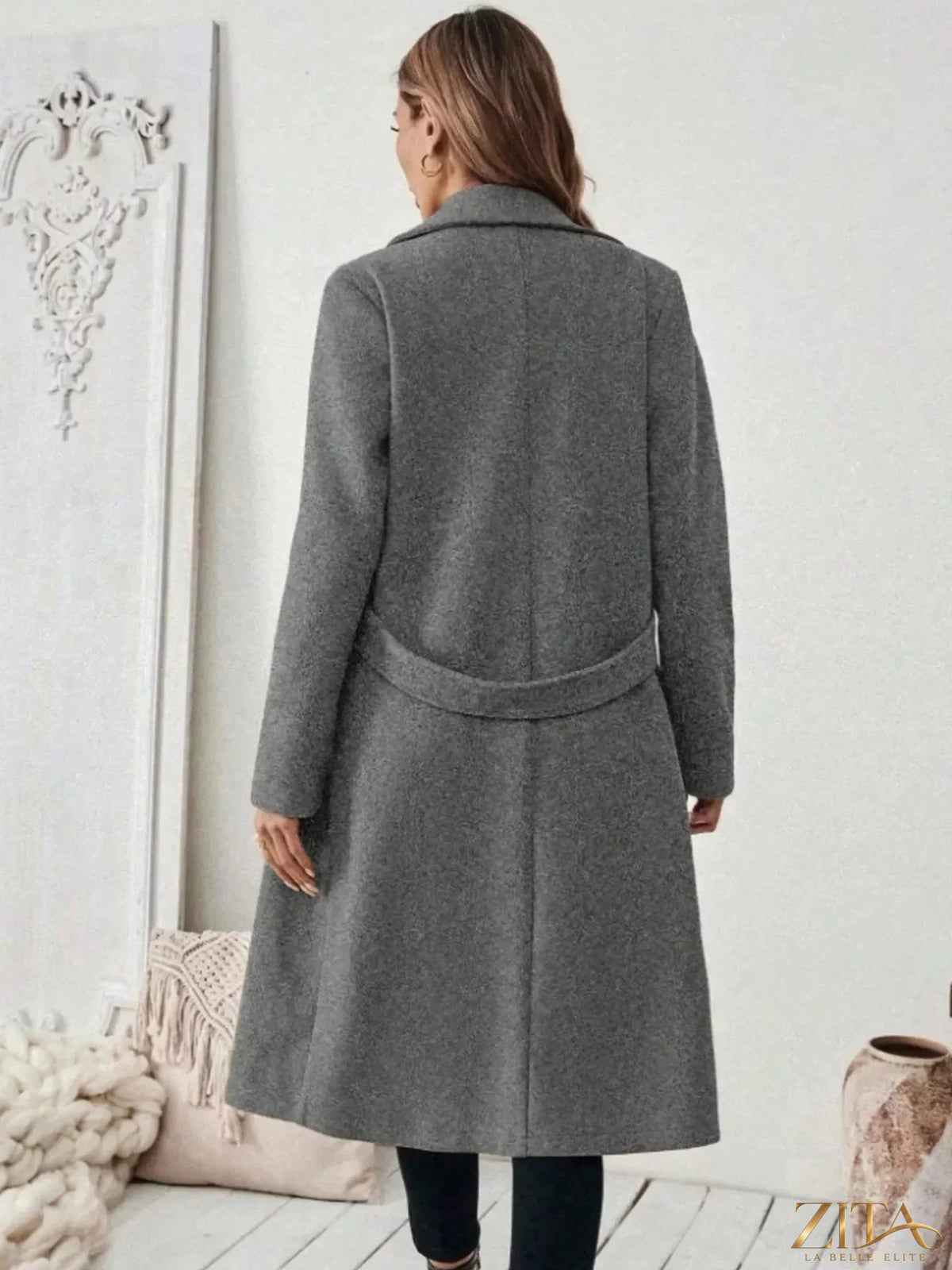 Plus size Zita La Belle Elite coat with lapel collar, belted waist, and pockets, featuring an elegant and full-length design.