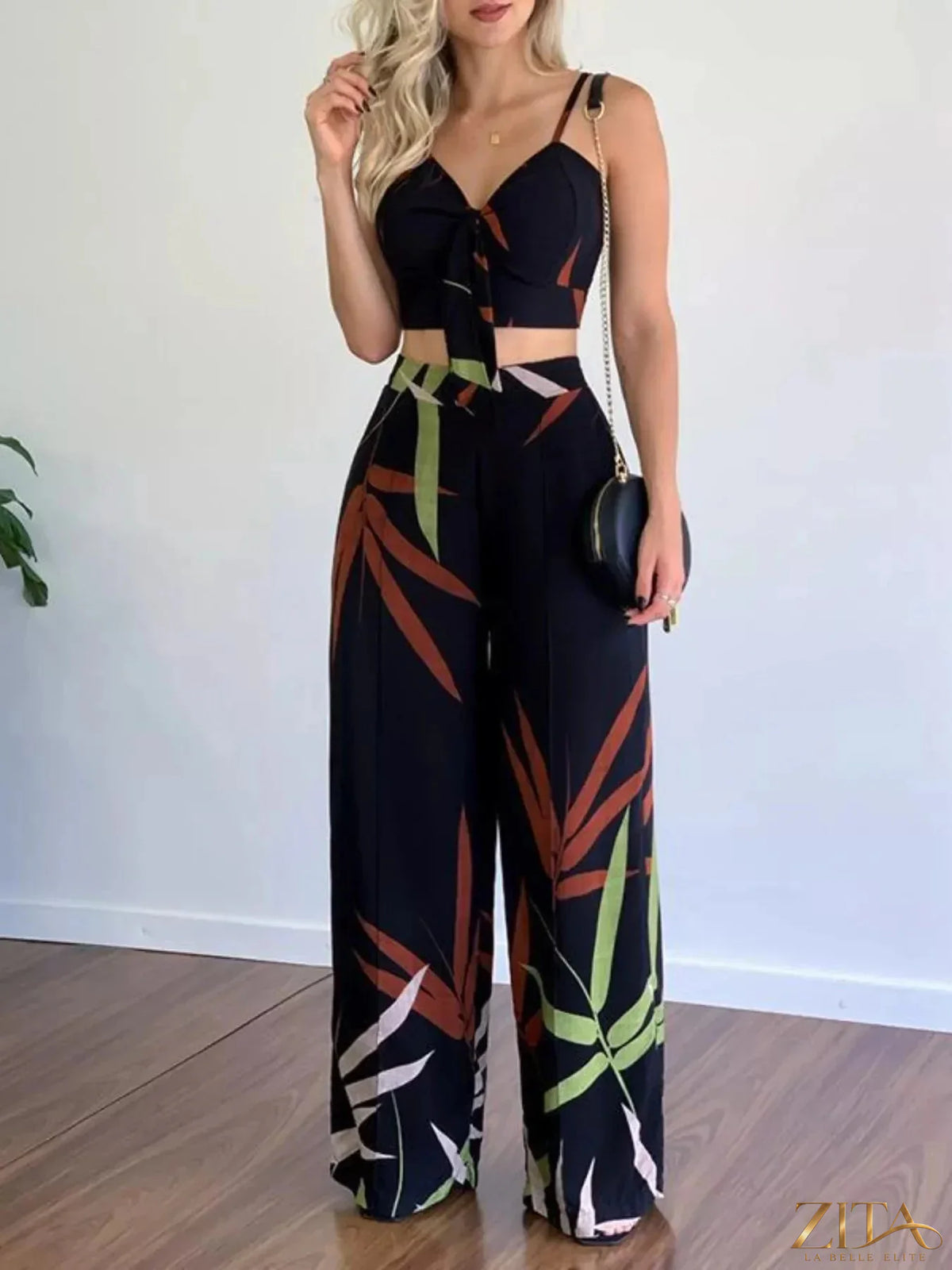 Zita La Belle Elite tropical print spaghetti strap crop top and wide-leg pants set, vibrant summer fashion ensemble.