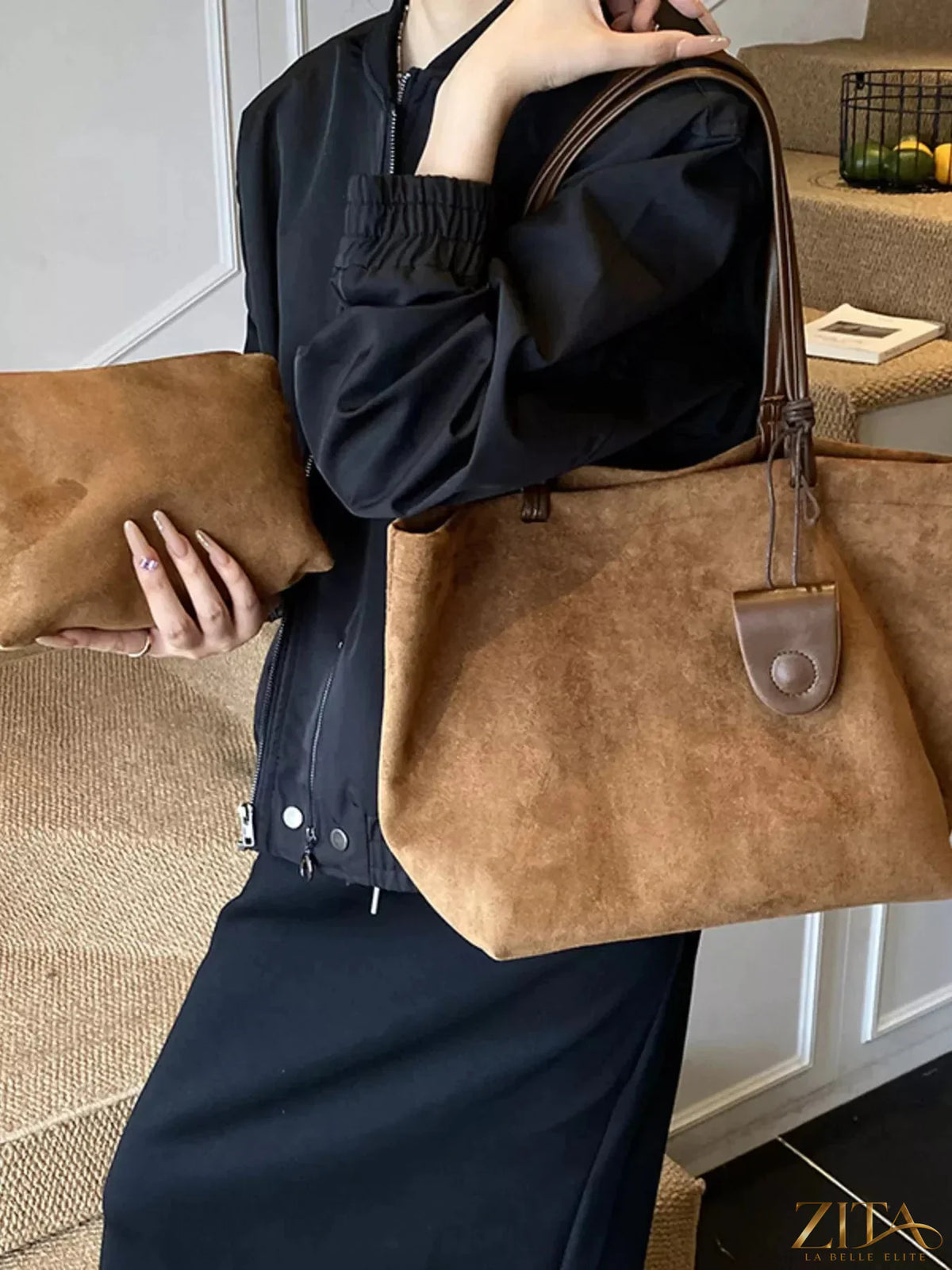Classic suede tote bag by Zita La Belle Elite, showing a stylish tan tote with sturdy handles and minimalist design.