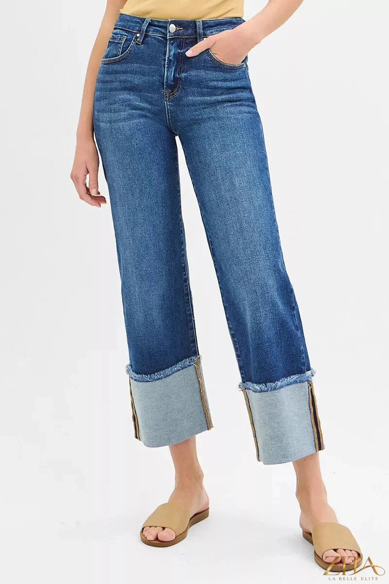 Plus size Zita La Belle Elite RISEN mid-rise crop wide cuffed jeans displayed on a model, showcasing the stylish fit and denim texture.