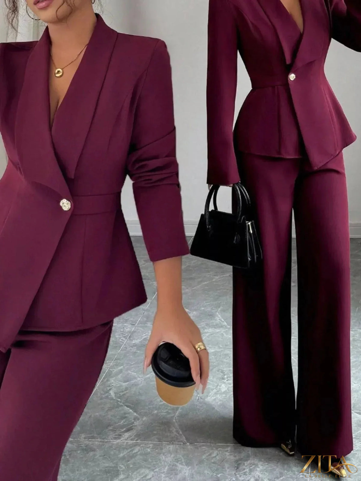 Zita La Belle Elite one button blazer and matching pants set, tailored fit with classic design, shown on a model.