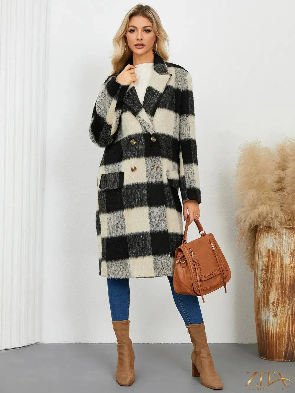 Zita La Belle Elite plaid double-breasted long sleeve coat with a classic check pattern and tailored fit.