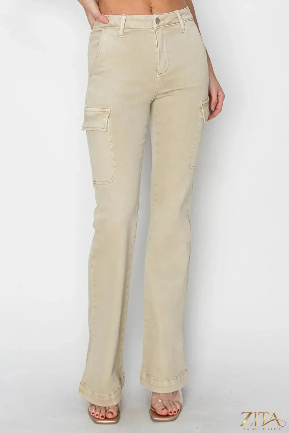 Zita La Belle Elite RISEN full size high rise cargo bootcut jeans with side slit detail, shown on a model.