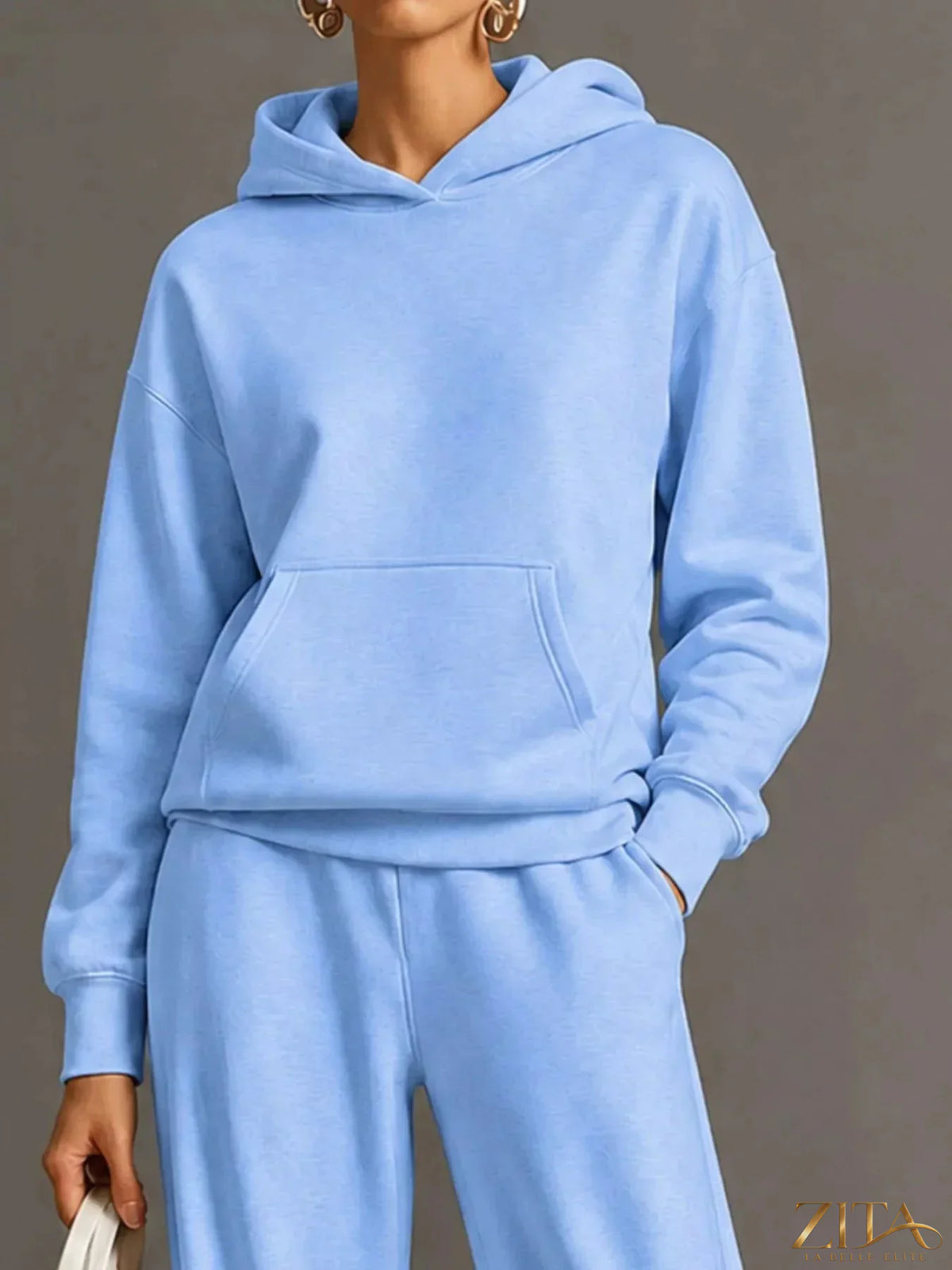 Zita La Belle Elite kangaroo pocket hoodie and matching pants set, casual two-piece outfit, shown in soft fabric with hoodie and jogger pants.