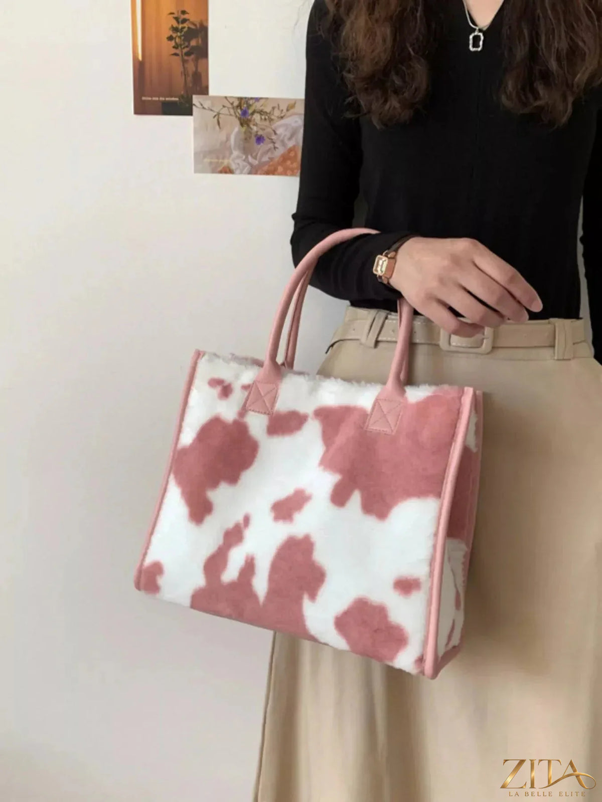 Soft plush tote bag by Zita La Belle Elite with large handles and a cozy, textured surface for stylish everyday carry.