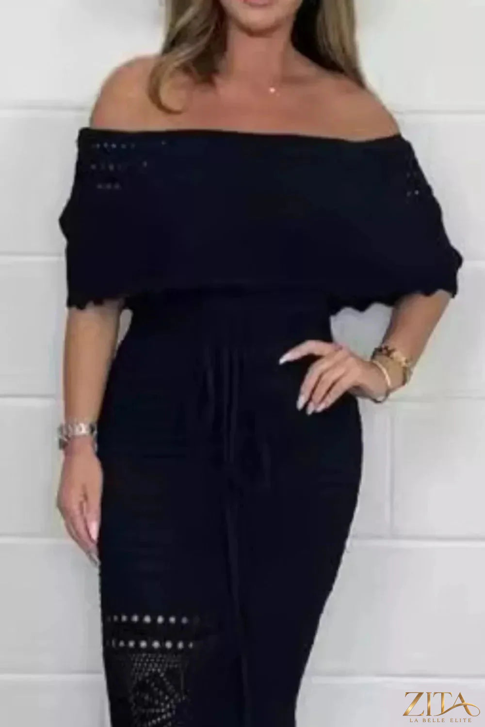 Zita La Belle Elite crochet off-shoulder maxi dress with intricate lace details and flowing fabric, stylish and elegant for summer wear.