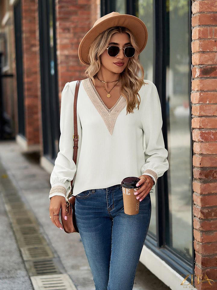 Zita La Belle Elite V-neck long sleeve blouse in soft fabric, shown in a stylish fit with a V-neckline and long sleeves.