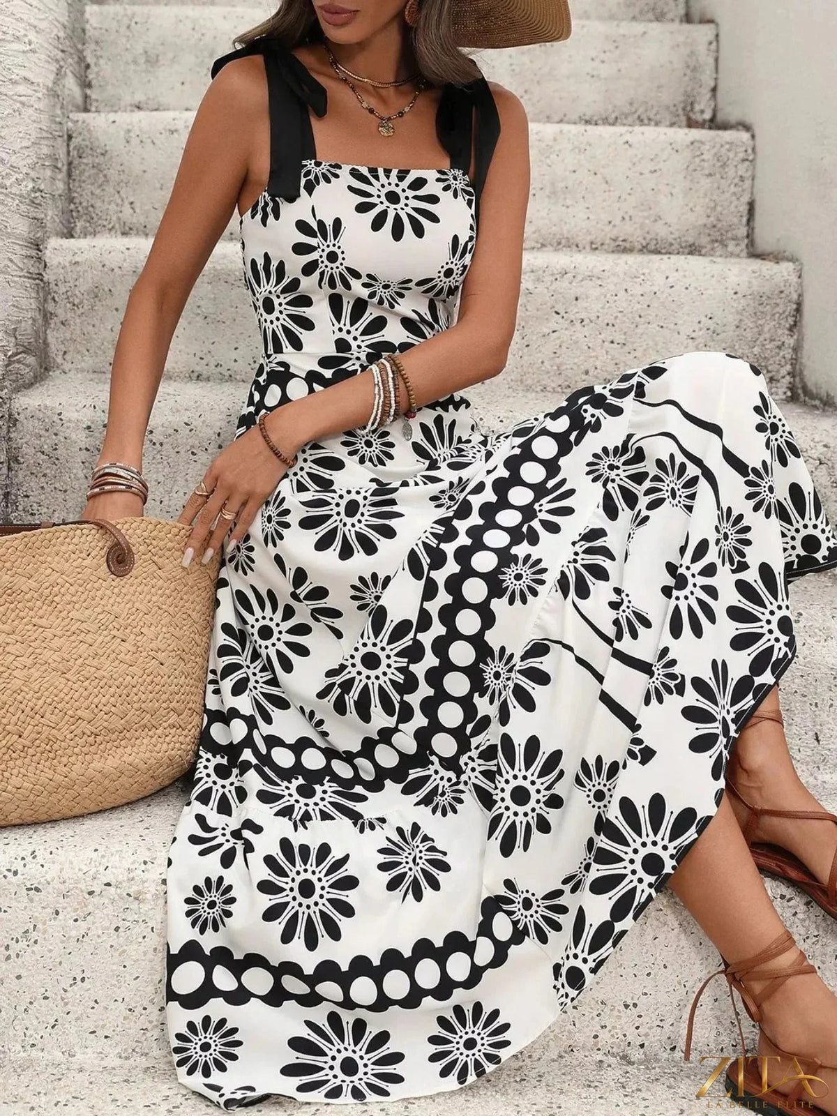 Zita La Belle Elite floral print tie strap casual maxi dress with a relaxed fit and vibrant flower pattern, perfect for warm weather.