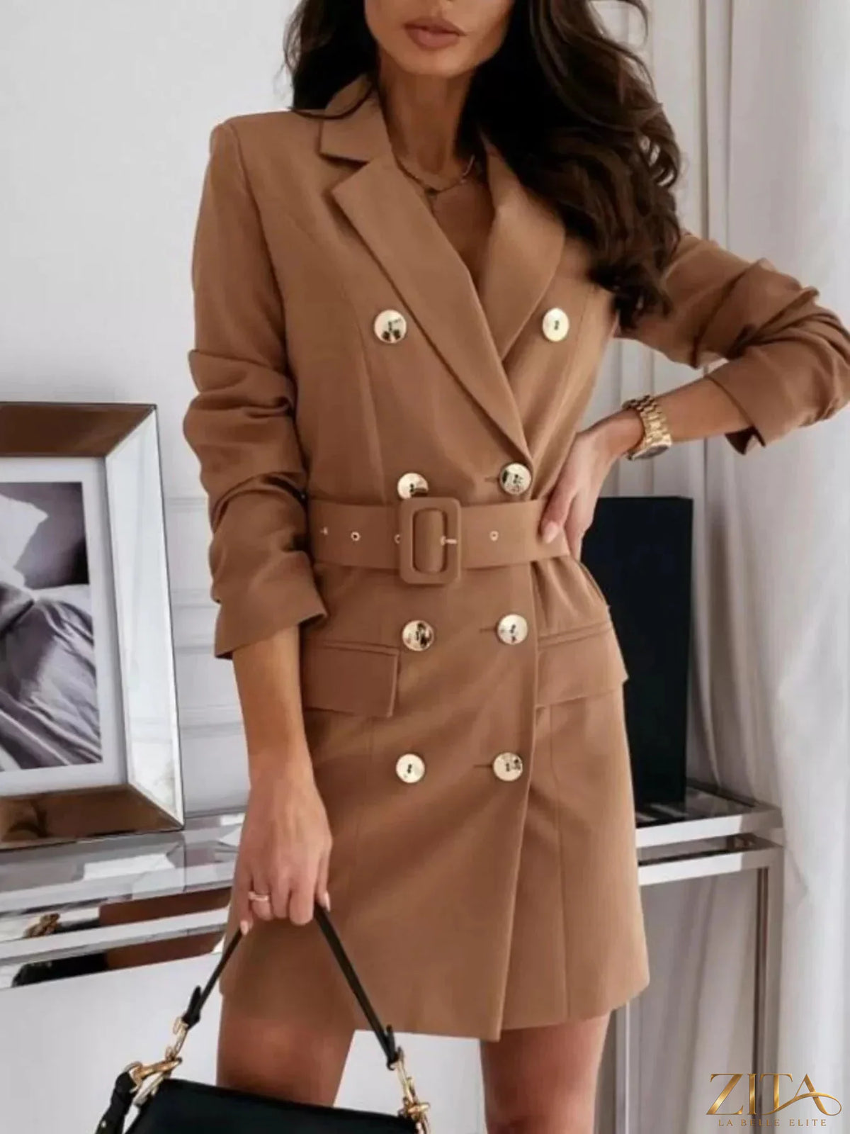 Zita La Belle Elite double-breasted belted blazer dress in black, featuring a tailored fit and stylish lapel collar.