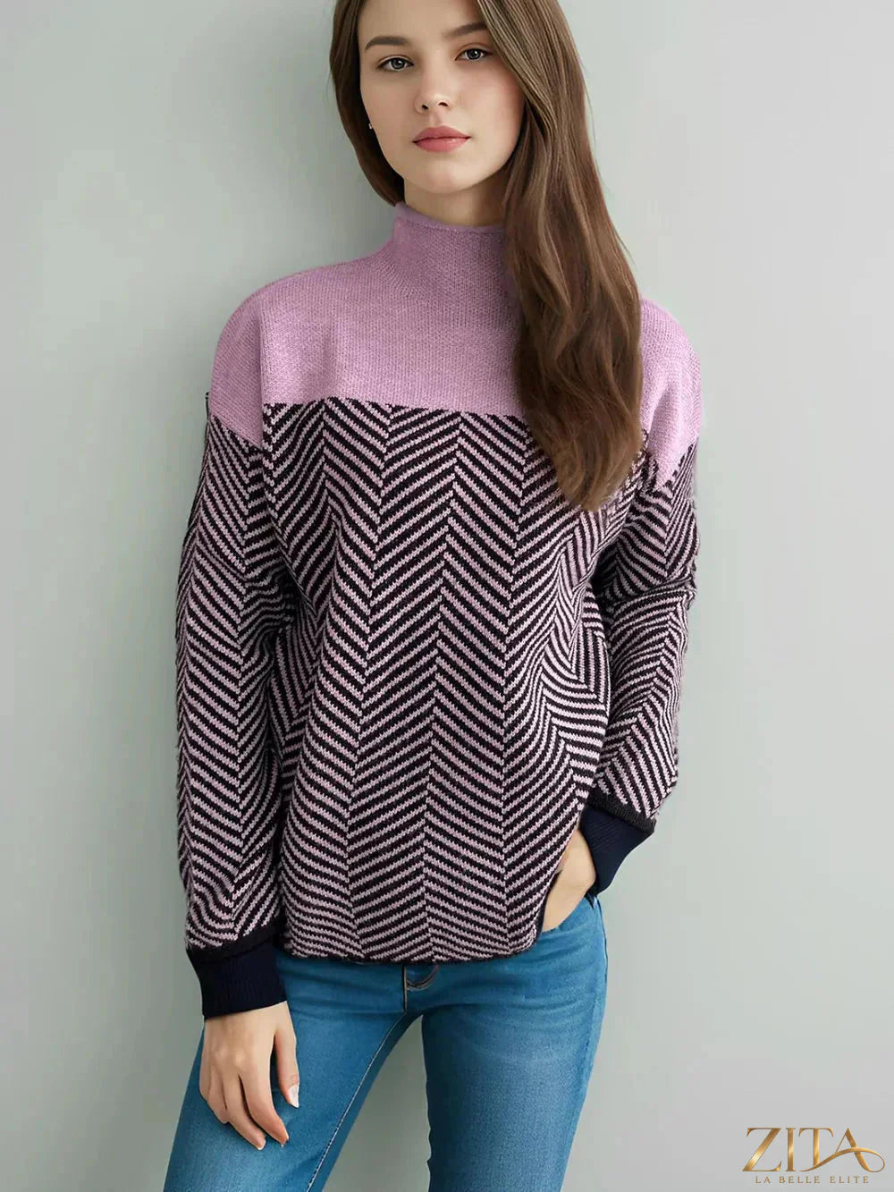 Contrast turtleneck long sleeve sweater from Trendsi, featuring a cozy knit design and a stylish color contrast neckline.