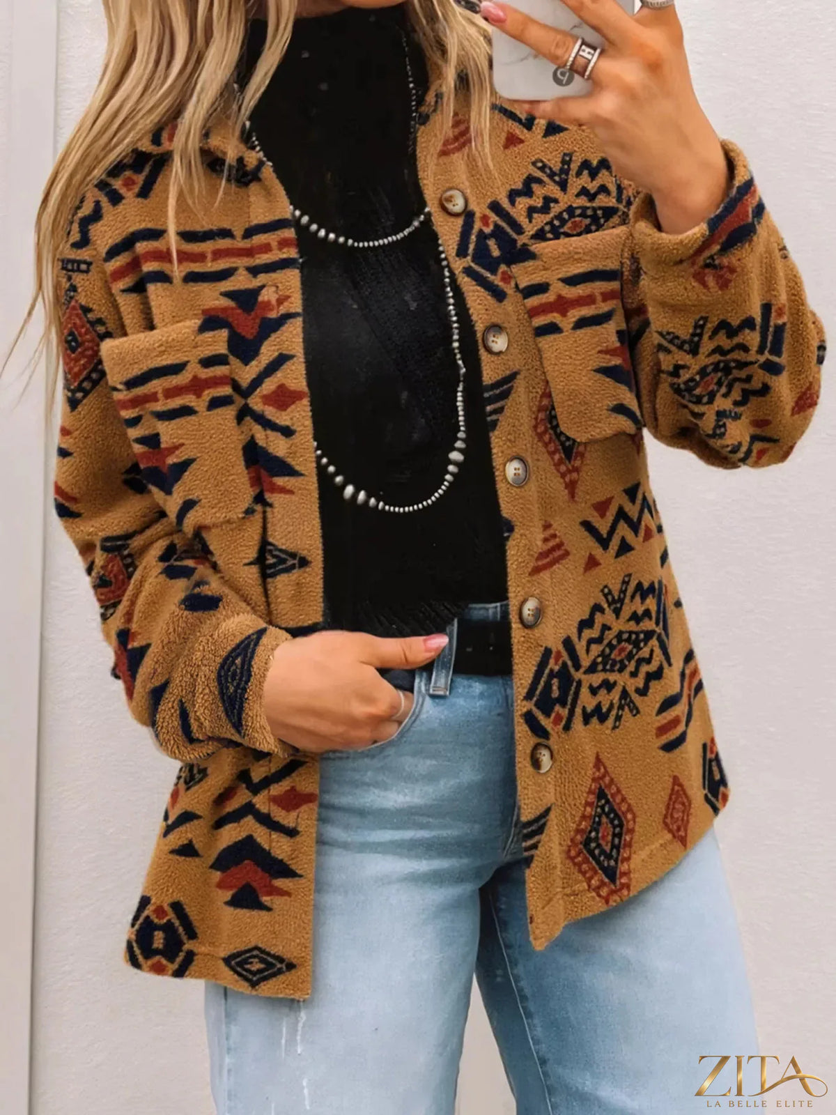 Zita La Belle Elite Western Aztec pattern fleece button-up shacket with colorful geometric design and cozy fabric.