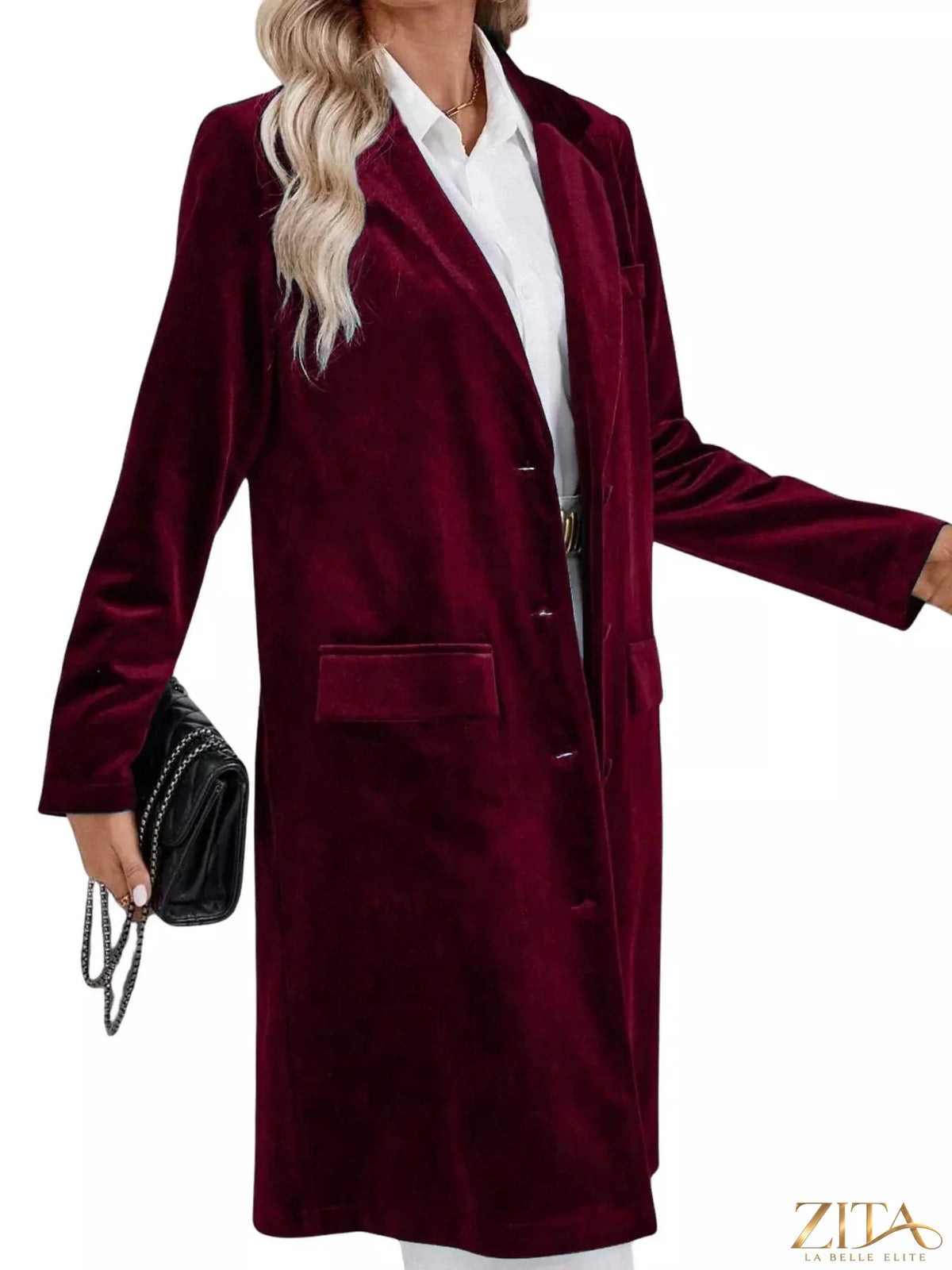 Zita La Belle Elite longline coat with lapel collar, long sleeves, and a stylish, tailored design in neutral fabric.