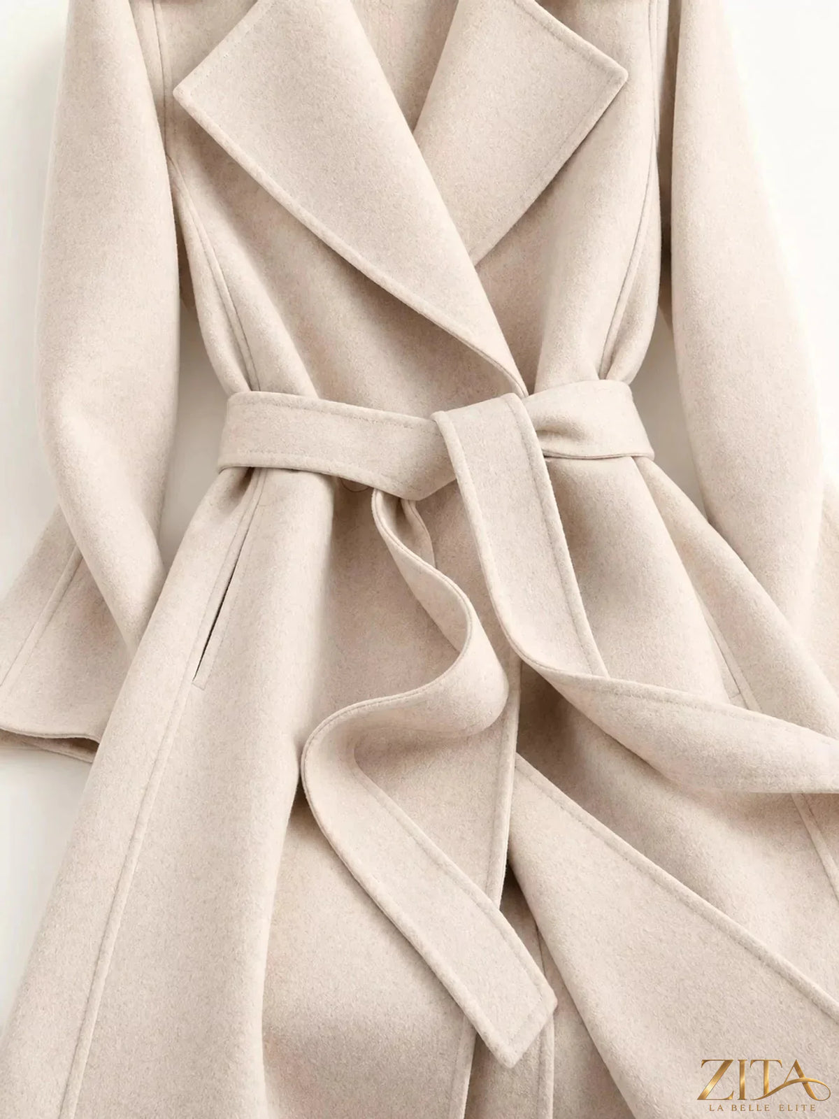 Zita La Belle Elite longline wool coat with waist-defining belt, stylish outerwear featuring a classic design and cozy fabric.