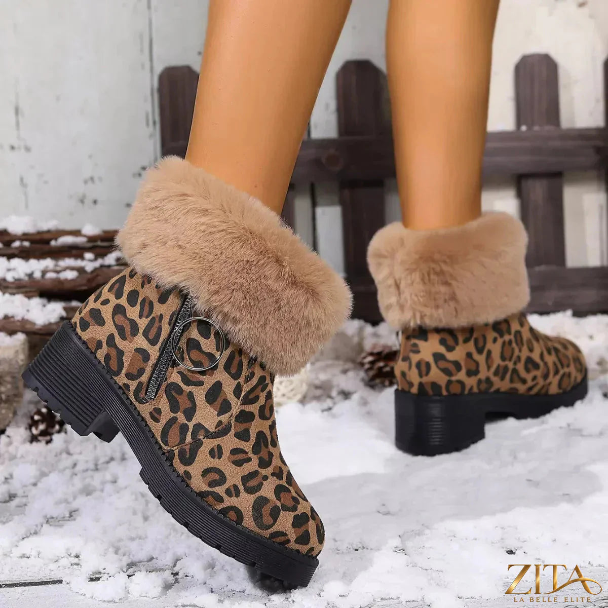 Zita La Belle Elite fuzzy cuff leopard print ankle boots with plush fur detail and sleek design.