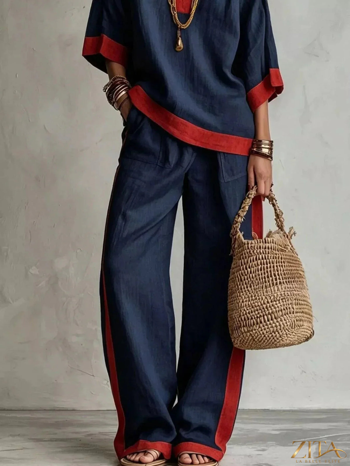 Plus size Zita La Belle Elite contrast trim top and wide-leg pants set, showing the stylish matching outfit with trim details.