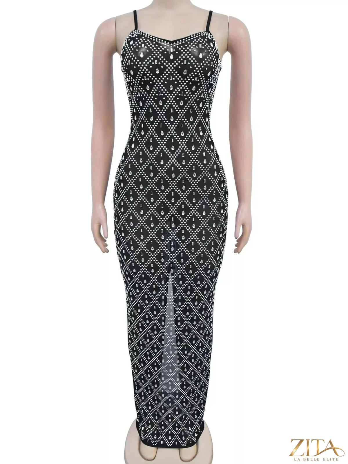 Glamorous Zita La Belle Elite rhinestone embroidered sheer mesh maxi dress with intricate embellishments and flowing silhouette.