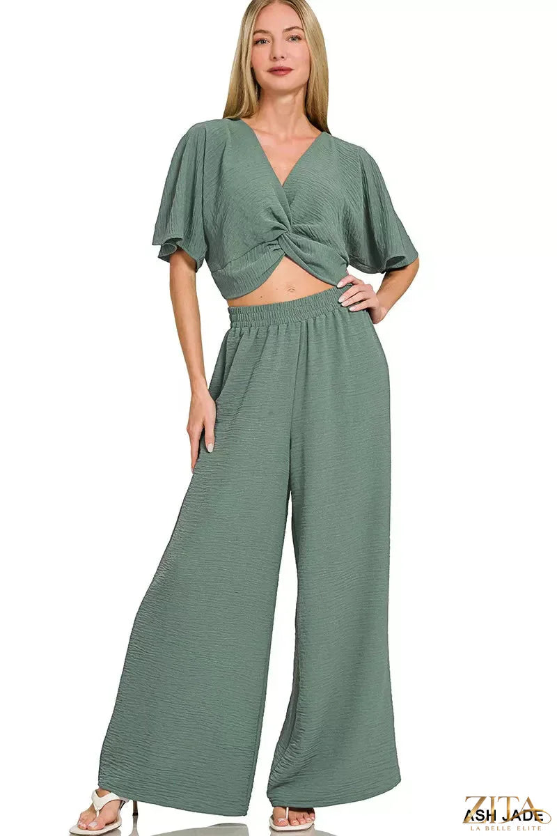 Zita La Belle Elite Zenana woven airflow twisted top and wide-leg pants set, featuring breathable fabric and stylish design.