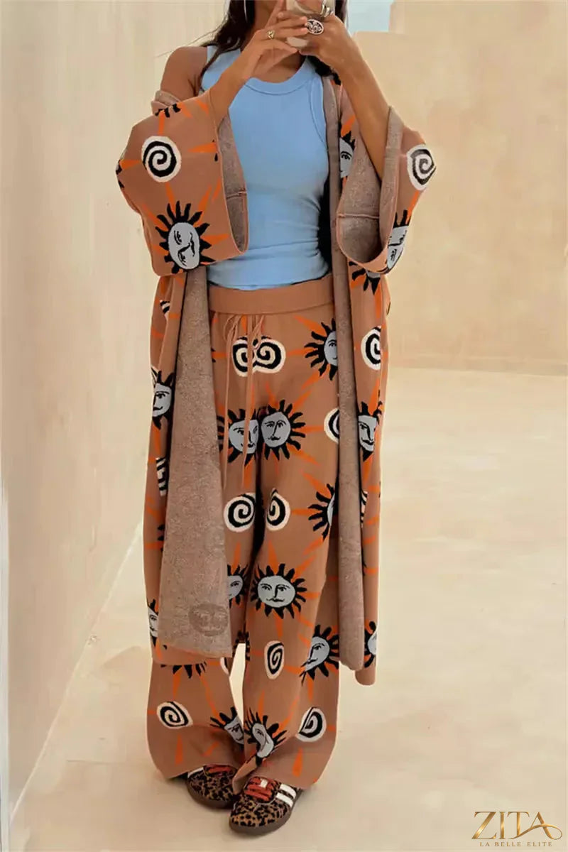 Zita La Belle Elite sun graphic top, matching cardigan and pants 3-piece sweater set, casual outfit for women, colorful sun design