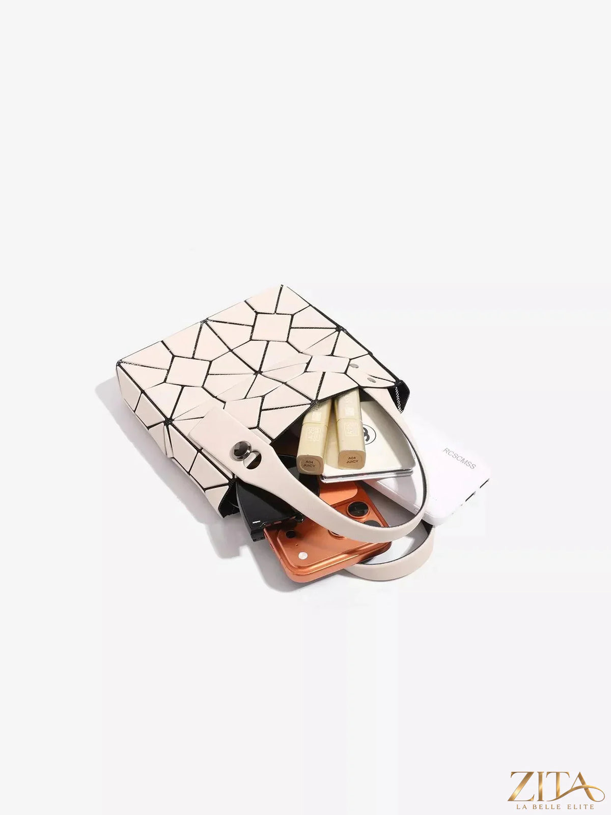 Geometric matte modular handbag by Zita La Belle Elite featuring structured design and versatile hand-carry style.