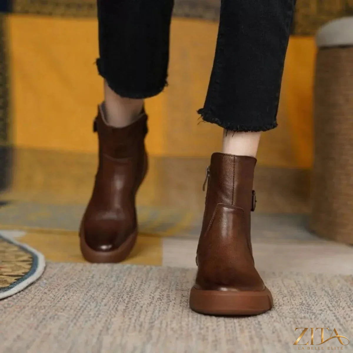 Zita La Belle Elite round toe platform boots with chunky heels and black leather finish, stylish footwear for bold fashion statements.