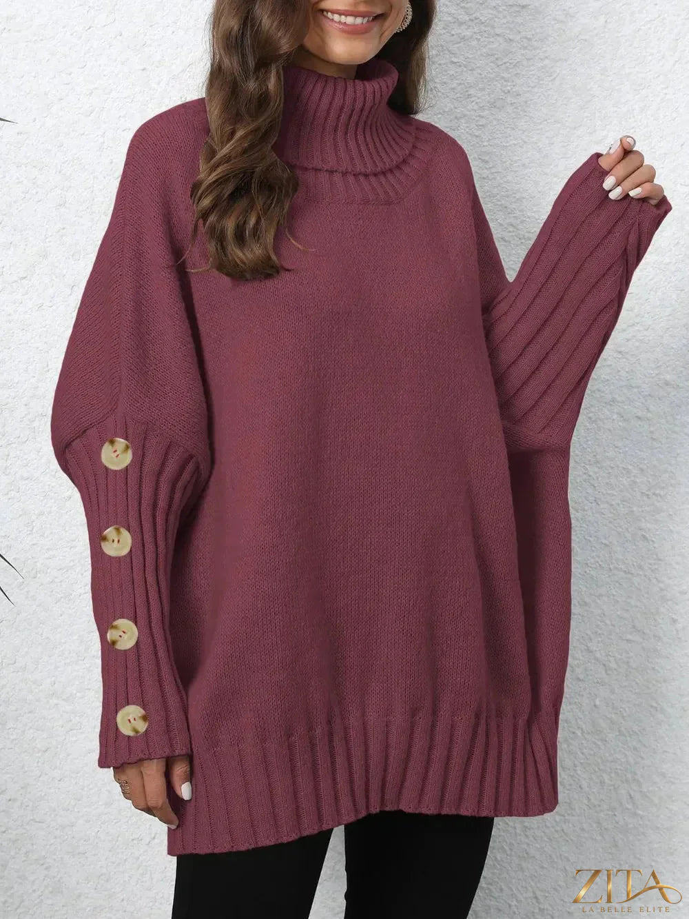 Navy blue turtleneck long sleeve sweater by Trendsi, close-up showing soft knit fabric and fitted style.