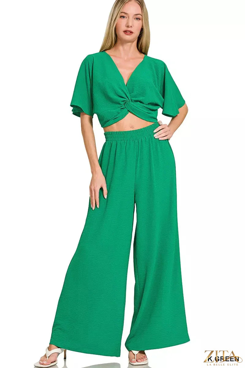 Zita La Belle Elite Zenana woven airflow twisted top and wide leg pants set featuring a lightweight, breathable fabric in neutral tones.