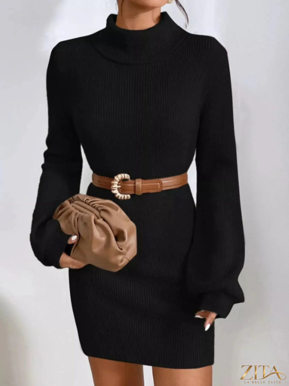 Ribbed knit turtleneck sweater dress by Trendsi featuring a fitted silhouette and cozy fabric in a neutral color.