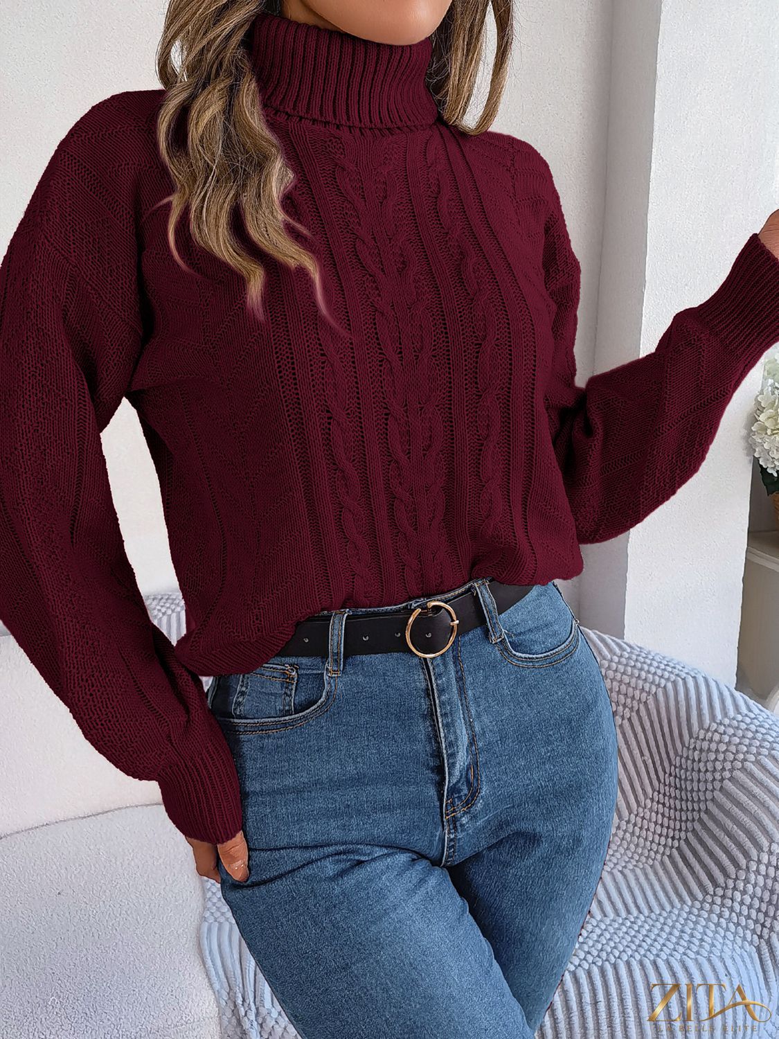 Zita La Belle Elite cable-knit turtleneck sweater in cozy, textured knit with a high turtleneck collar.