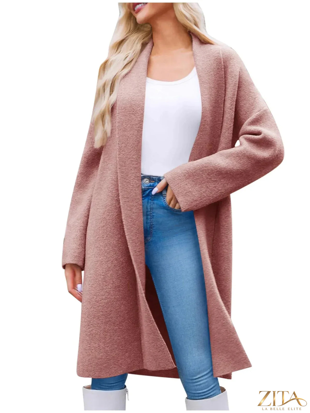 Longline open front coat by Zita La Belle Elite, shown in a stylish design perfect for layering and fall fashion.