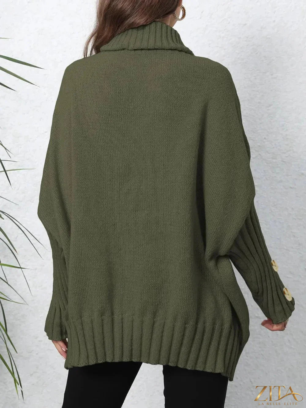 Trendsi turtleneck long sleeve sweater in cozy knit fabric, shown in a neutral color, close-up of the textured material.