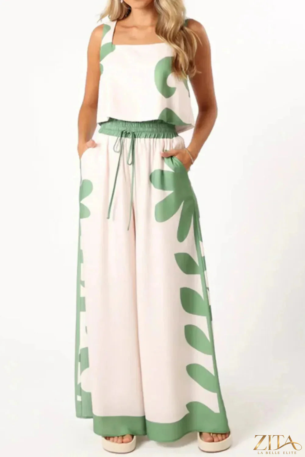 Leaf print tank top and pants set by Zita La Belle Elite, featuring a stylish matching outfit with tropical leaf patterns.