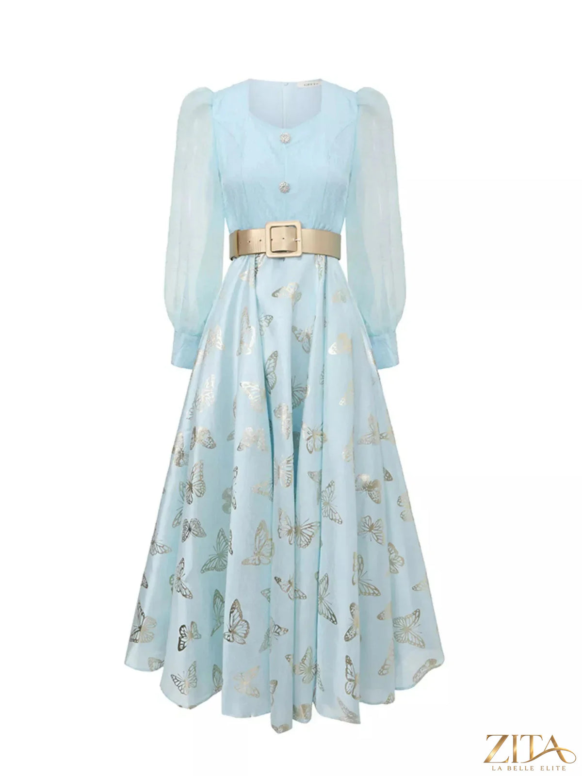 Butterfly print puff sleeve dress by Trendsi featuring a flowy silhouette and vibrant butterfly pattern on lightweight fabric.