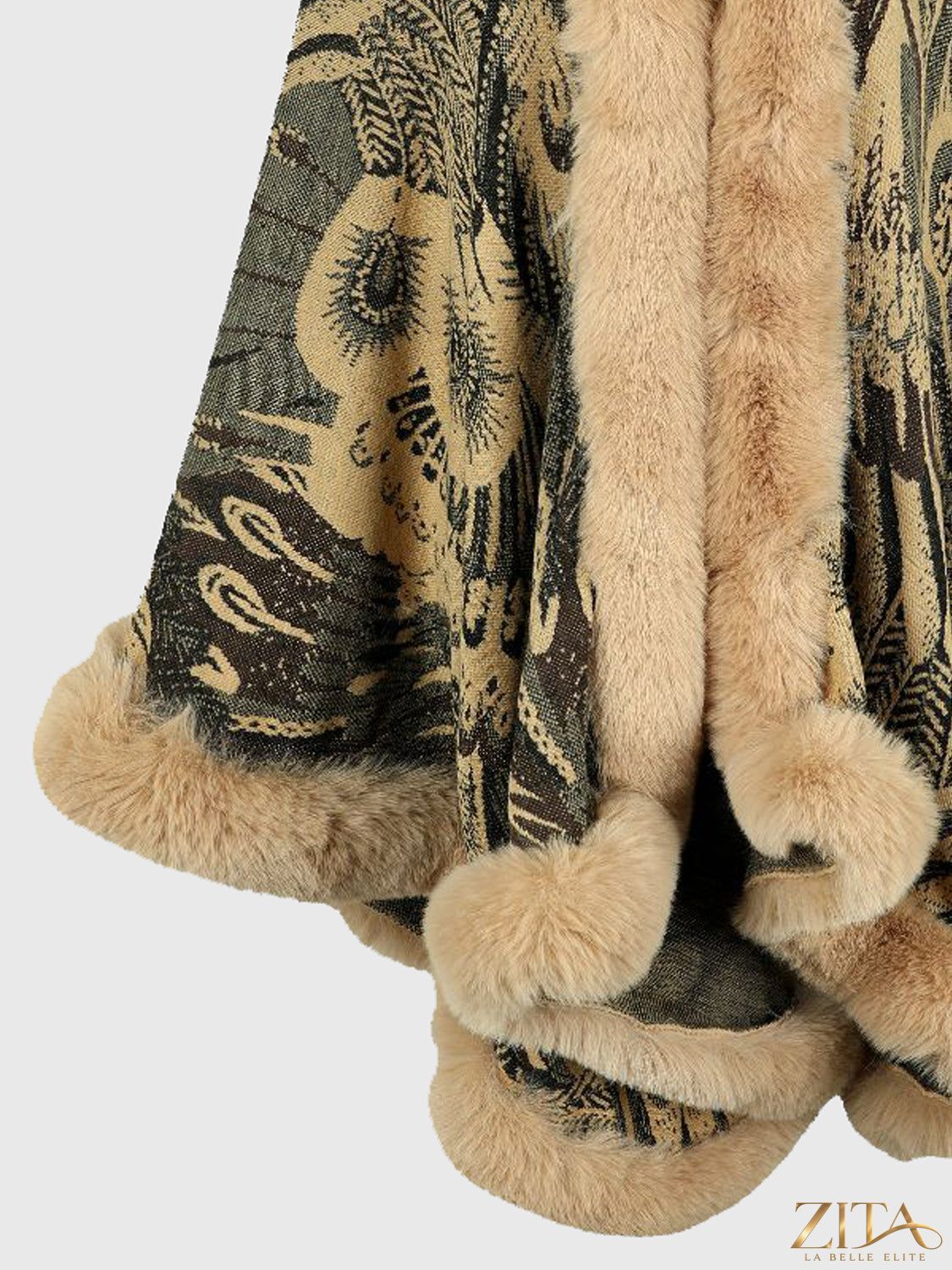 Printed open front poncho from Trendsi featuring a colorful, lightweight design with a relaxed fit and flowing style.