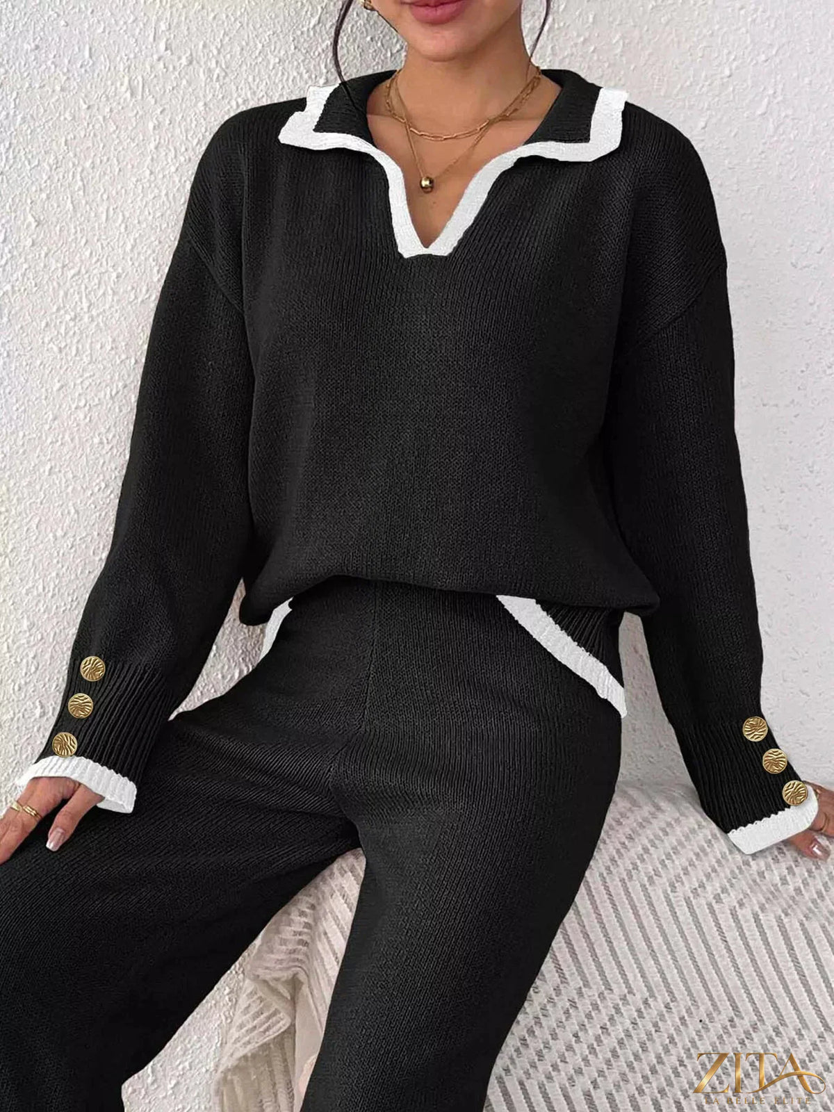 Zita La Belle Elite contrast trim polo collar sweater in cozy knit, featuring a classic design with stylish color accents.
