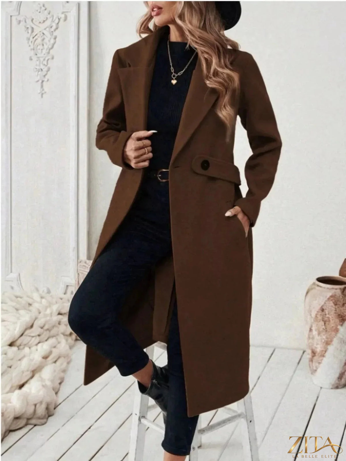 Plus size Zita La Belle Elite full-size elegant belted coat with lapel collar and pockets, stylish and warm winter outerwear.