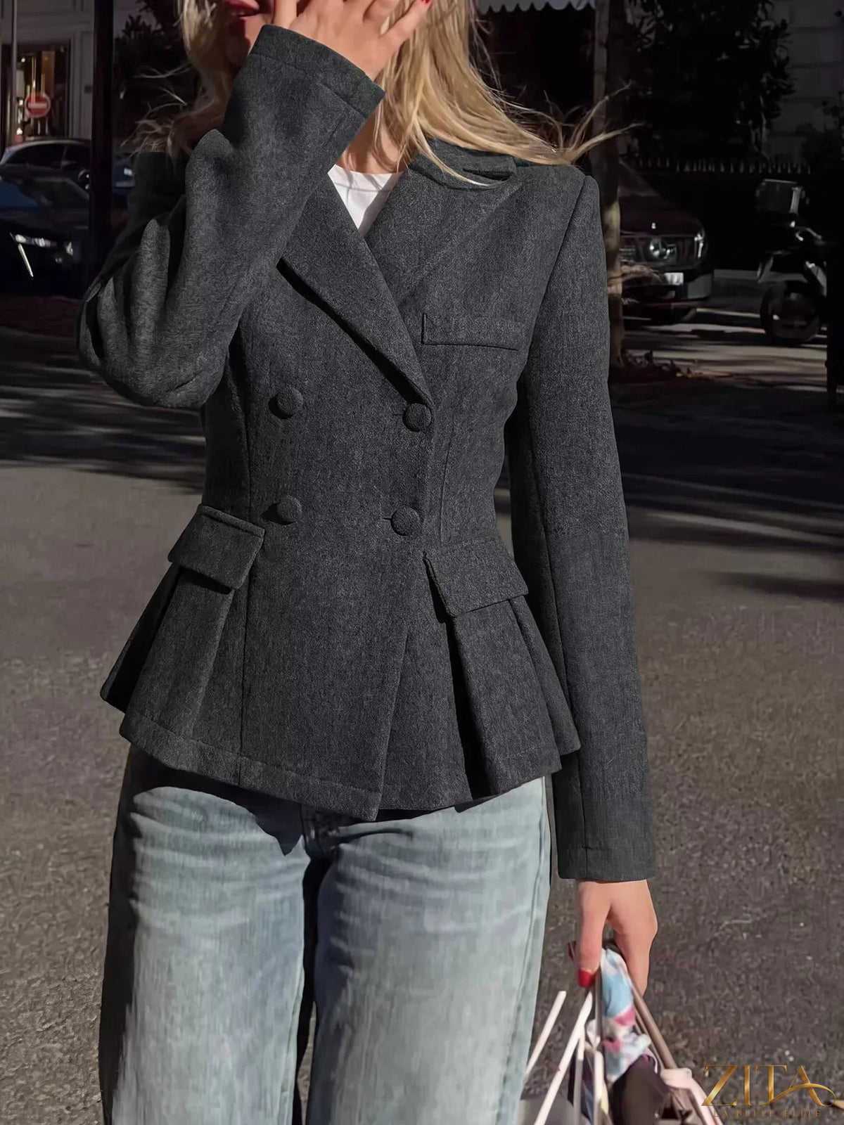 Zita La Belle Elite double-breasted peplum blazer in black, tailored fit with structured lapels and button closures, stylish and elegant.