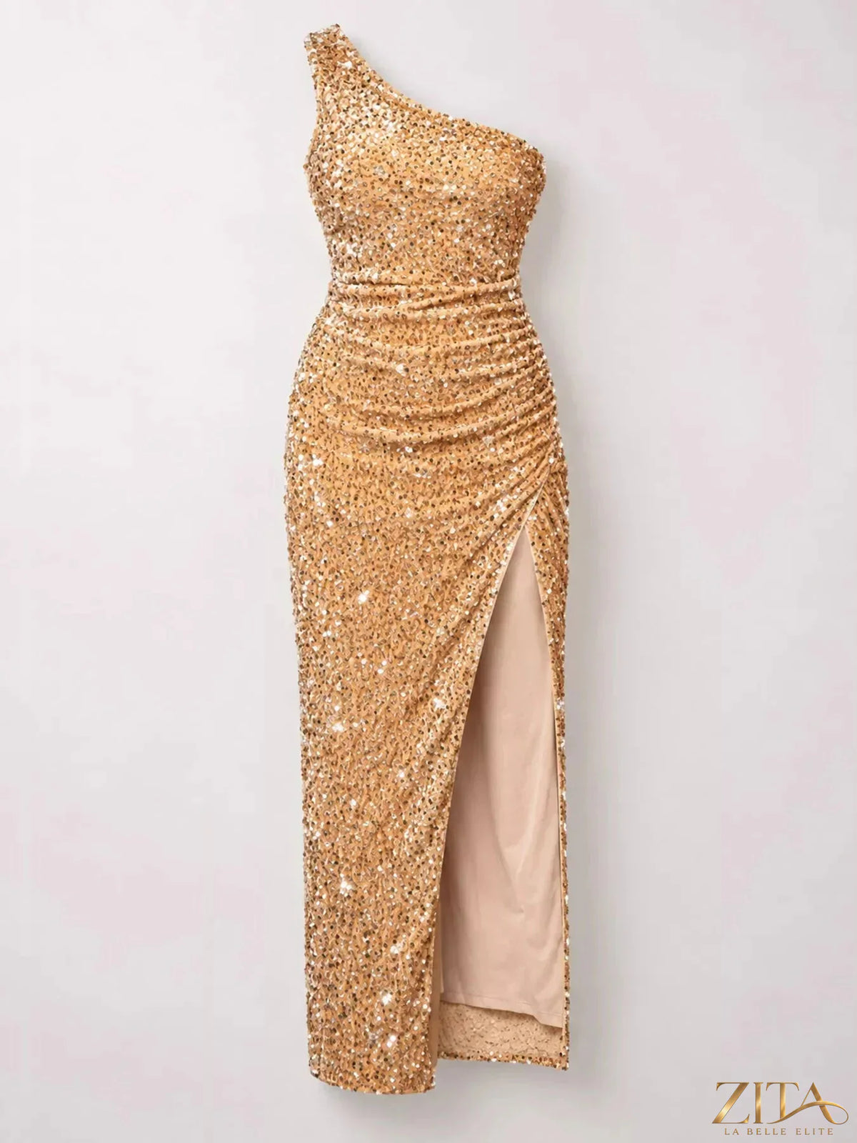 Zita La Belle Elite one-shoulder ruched sequin evening dress with high slit, elegant and shimmering for formal occasions.