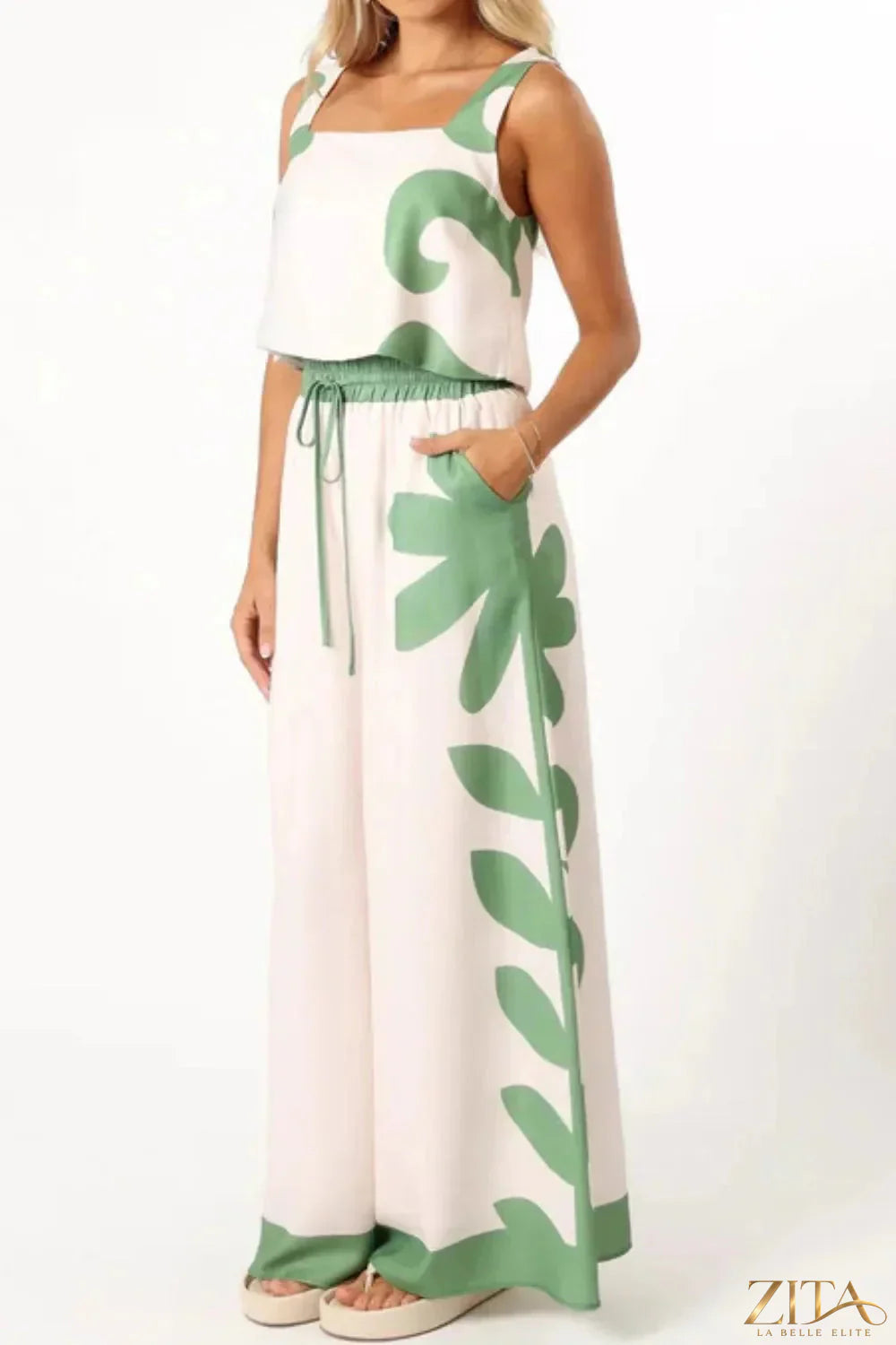 Leaf print tank top and pants set by Zita La Belle Elite, featuring a matching leaf pattern on lightweight fabric.
