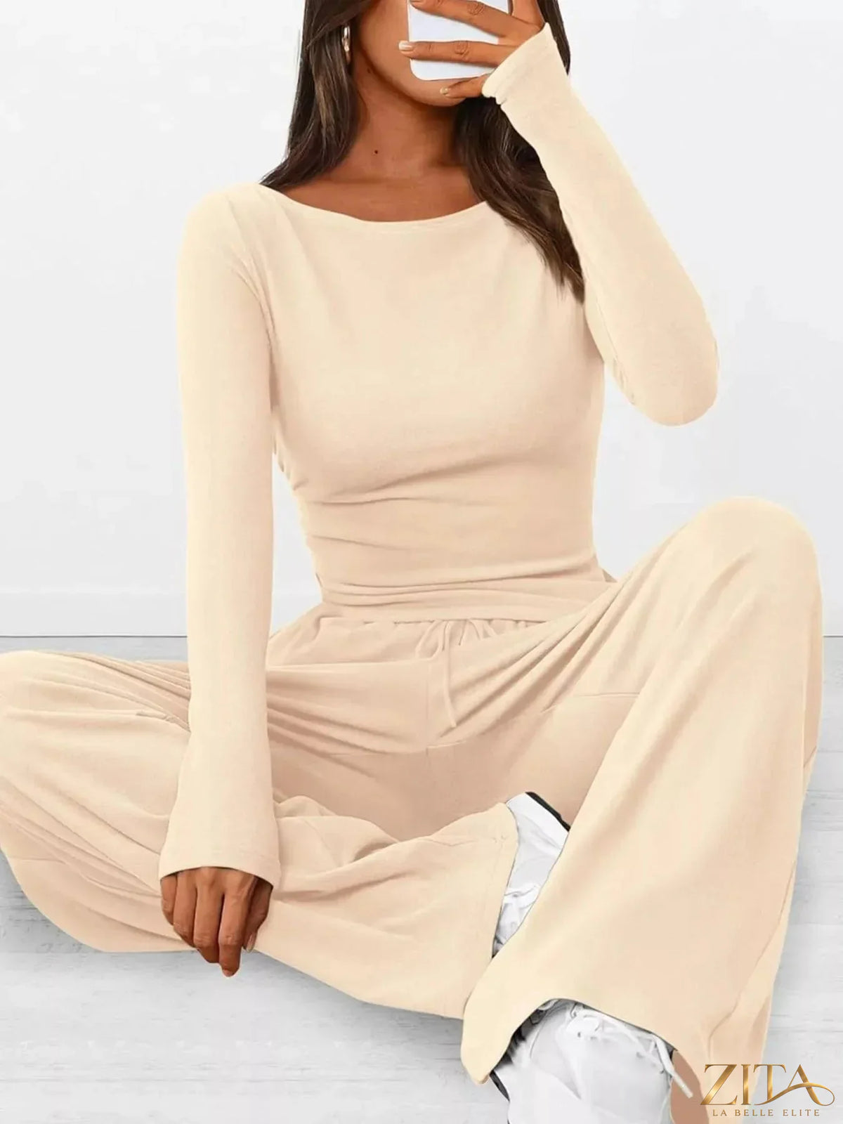Zita La Belle Elite long sleeve top and wide-leg pants set in soft fabric, shown on a model with neutral background.