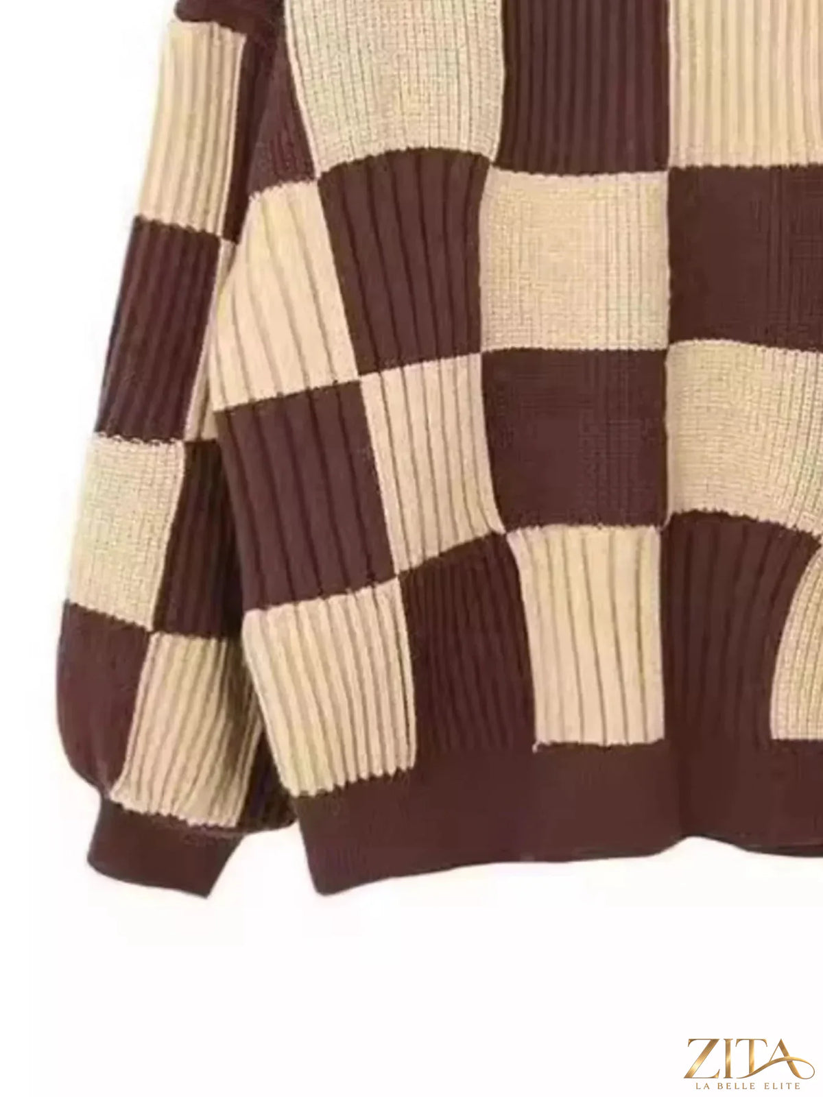 Zita La Belle Elite oversized sweater with black and white checkerboard pattern, cozy knit fabric, long sleeves, and relaxed fit.
