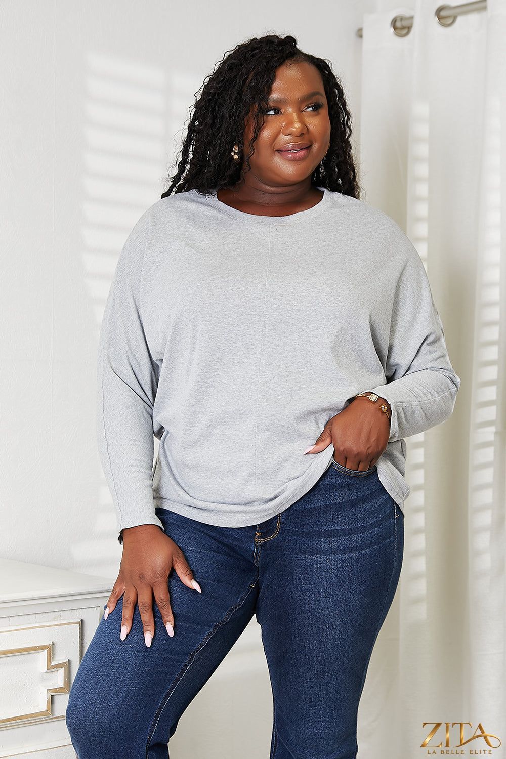 Zita La Belle Elite double take seam detail round neck long sleeve top in a neutral color, casual and stylish for everyday wear.