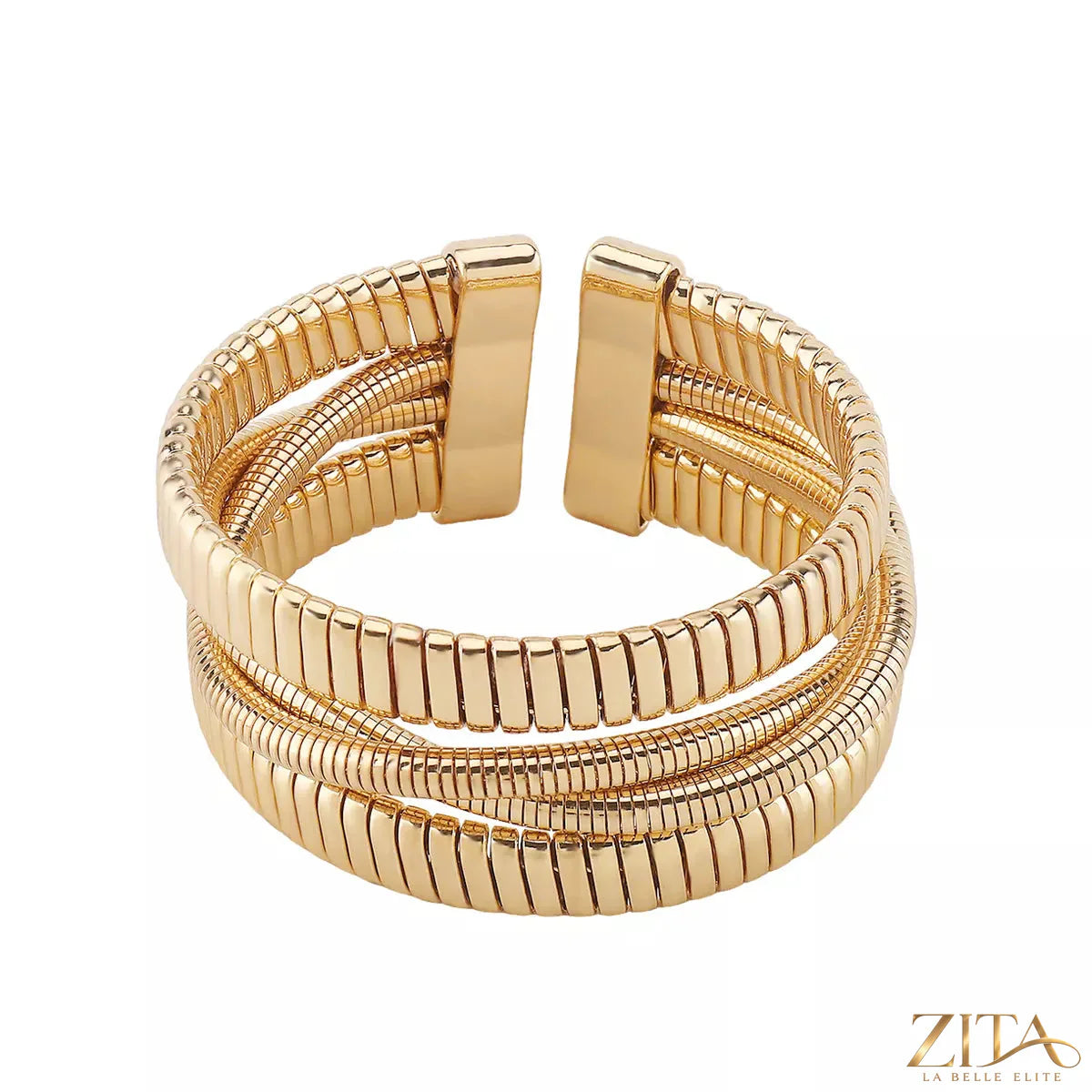 Multi-layered open bracelet by Zita La Belle Elite featuring delicate, intertwined silver and gold-toned bands on a neutral background.