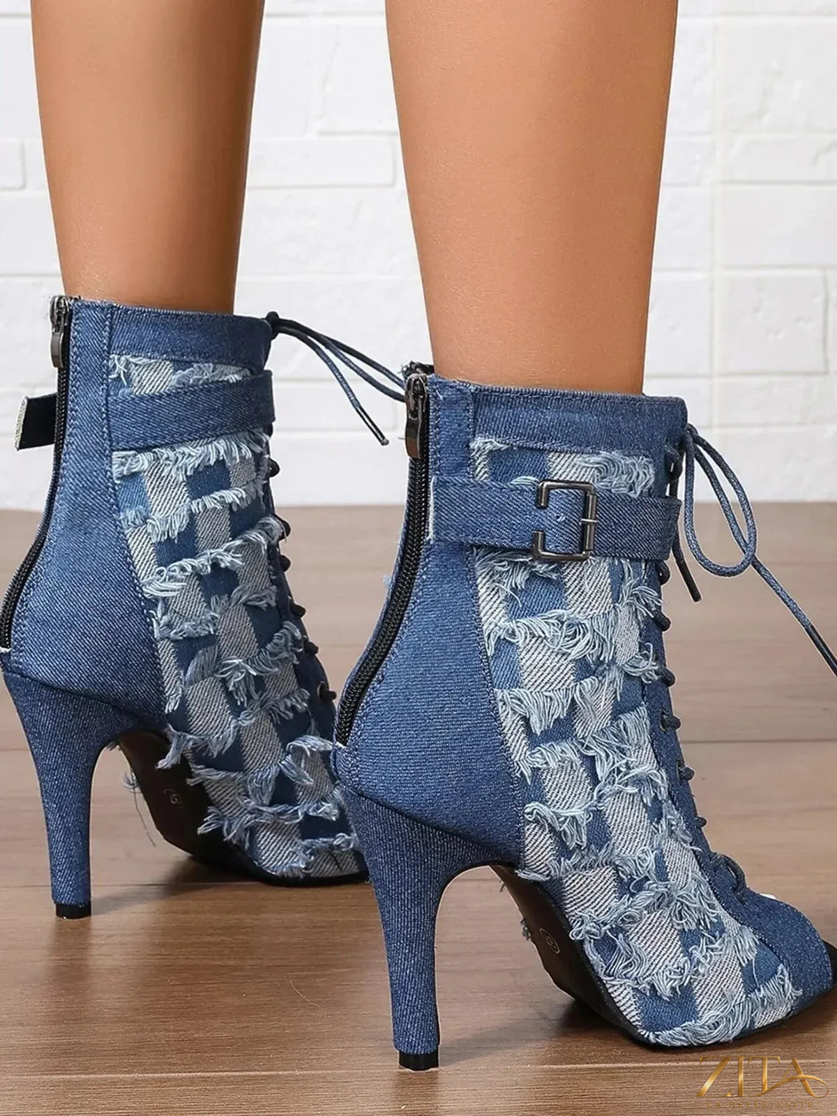 Zita La Belle Elite distressed denim lace-up peep toe ankle boots with chunky heels and rugged style.
