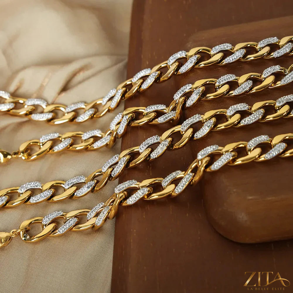 Zircon Titanium Steel Chunky Chain Necklace by Zita La Belle Elite, showing a close-up of the bold, shiny chain with sparkling zircon accents.