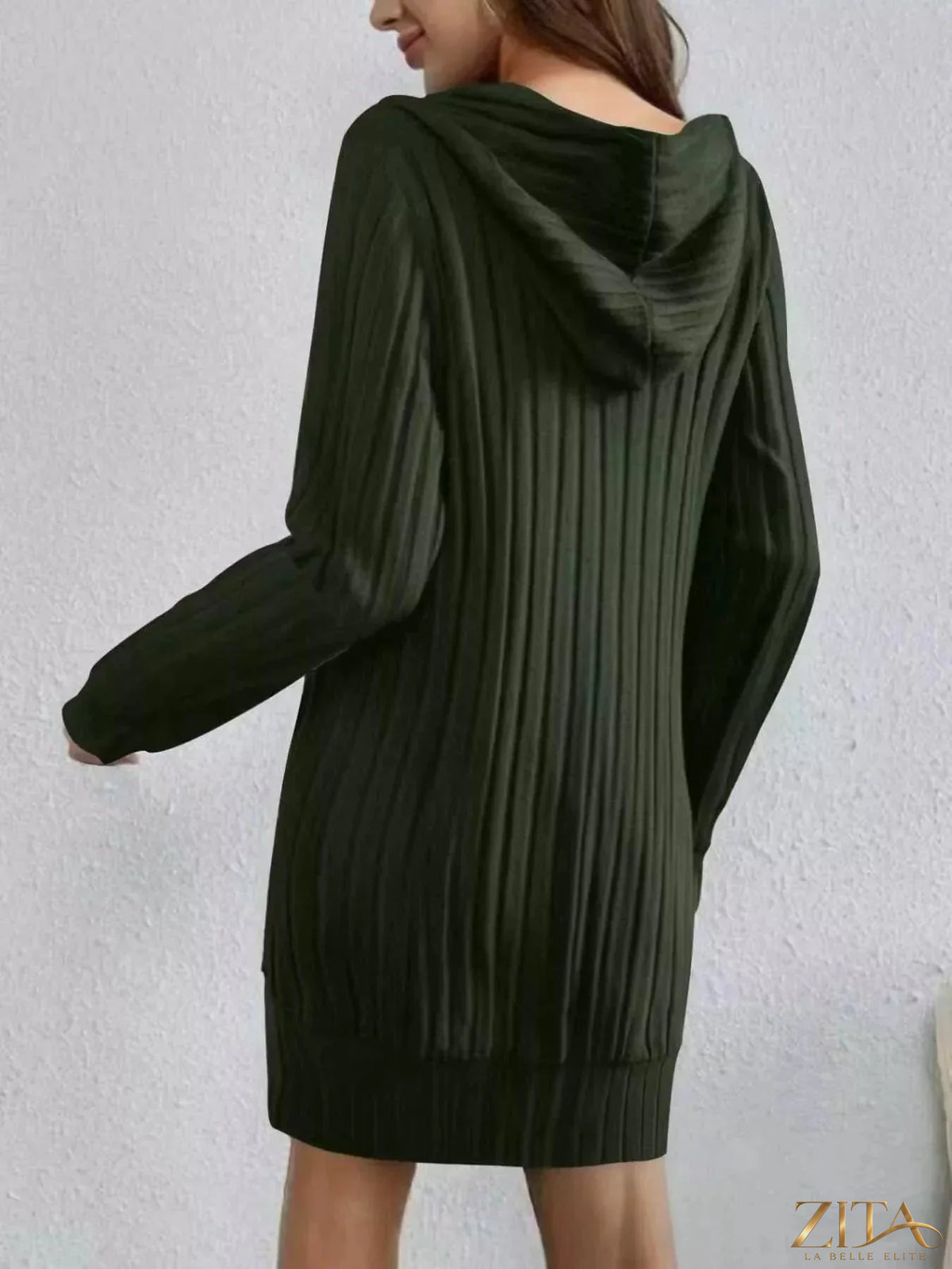 Zita La Belle Elite ribbed knit hoodie dress in soft fabric, featuring a hood and long sleeves, styled for casual wear.