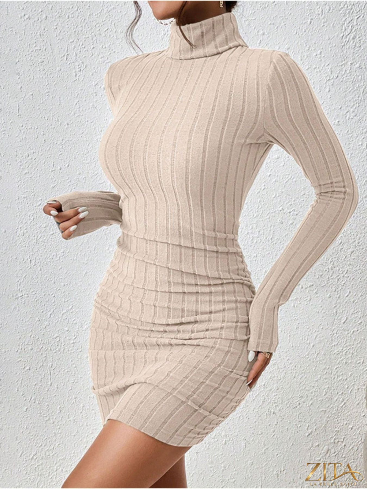 Ribbed black turtleneck bodycon mini dress by Trendsi, featuring a fitted silhouette and long sleeves.