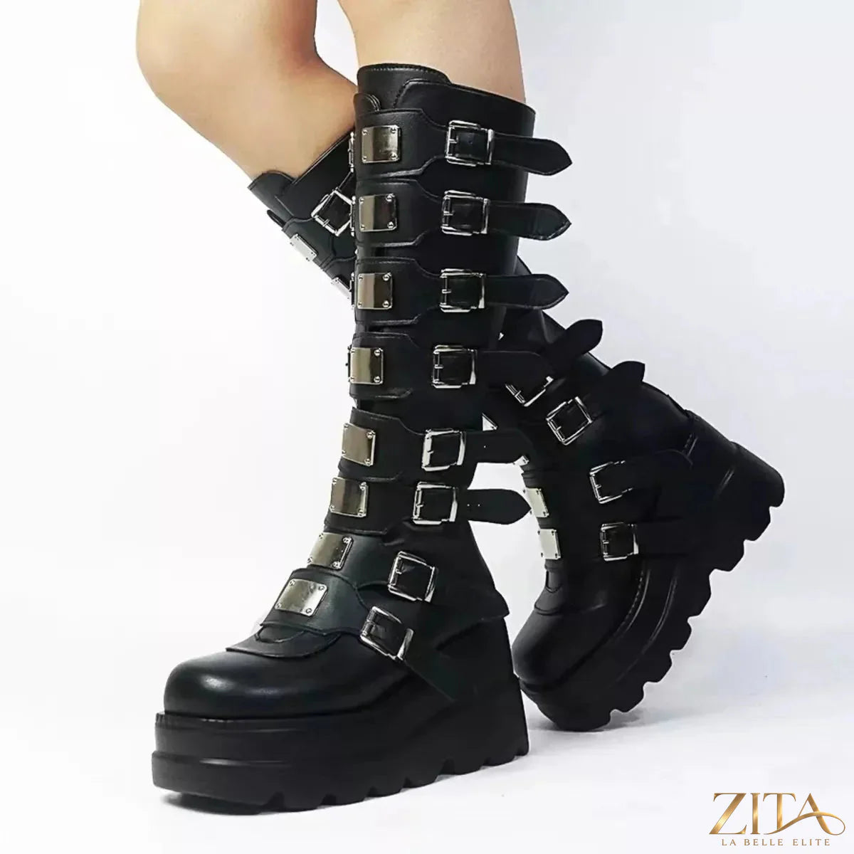 Zita La Belle Elite multi-buckle platform knee-high boots featuring a sleek design and chunky heels, perfect for stylish fall outfits.
